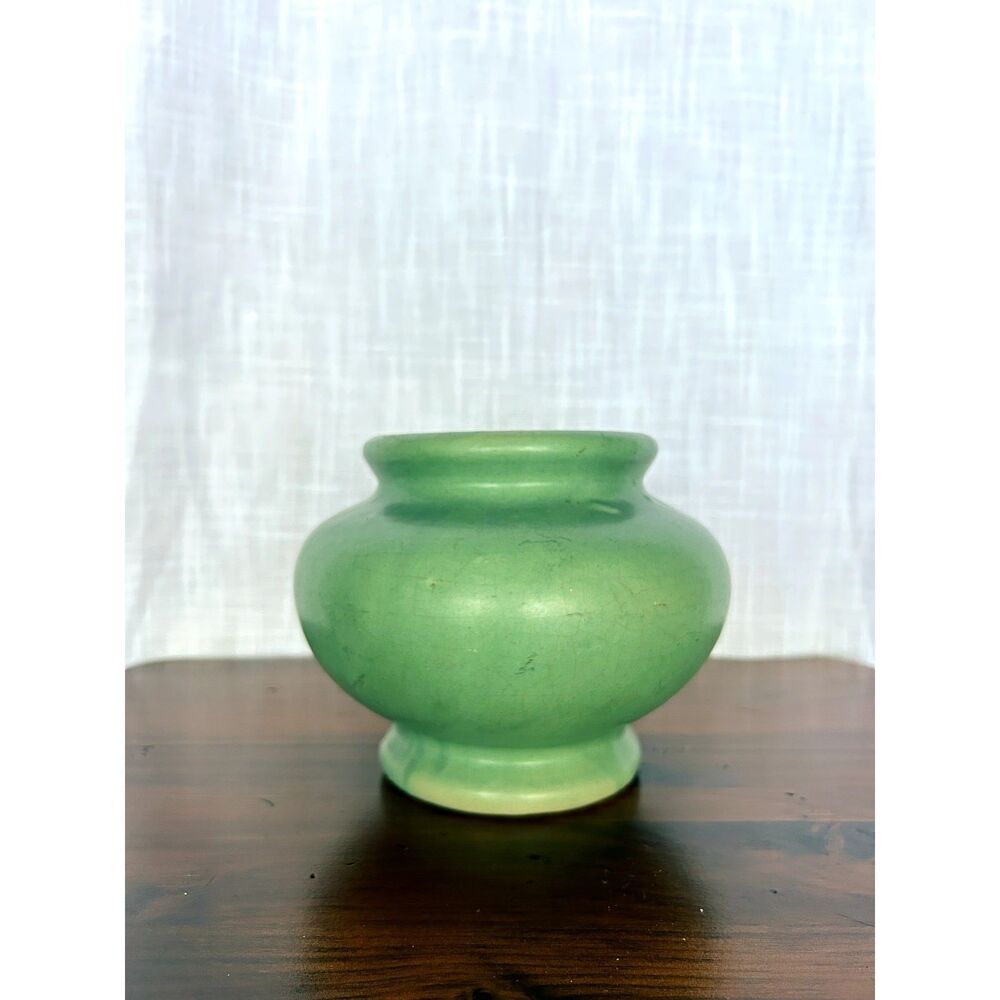 Vintage McCoy Pottery Matte Green Squat Vase Arts Crafts 1940s USA